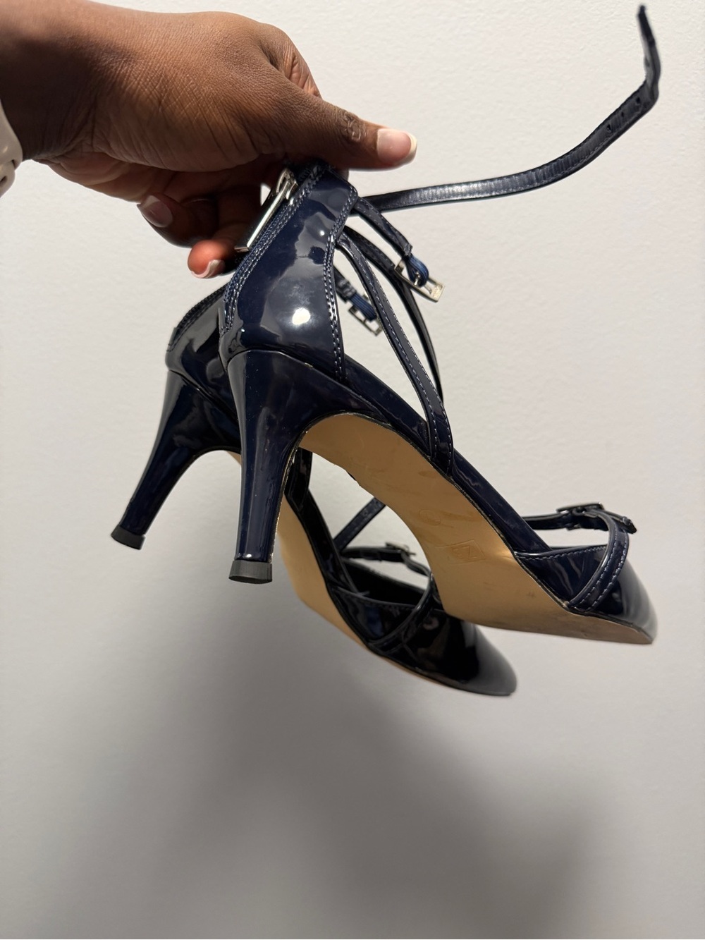 Coutgo Patent Navy Strappy Mid-Heel Sandals - Women